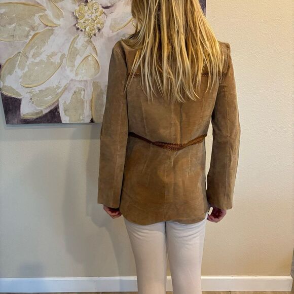 Vintage brown Distressed Suede Leather Crochet coat Jacket Y2K womens‎ medium - Picture 6 of 12